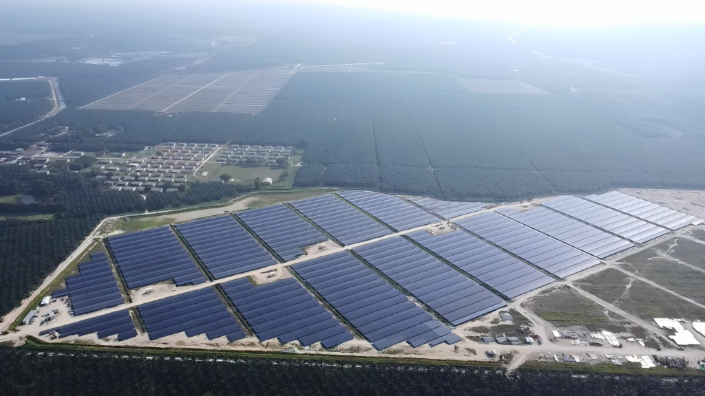Drone image of a national grid-connected ground-mounted solar farm in Perak, Malaysia (29.6 MWp).