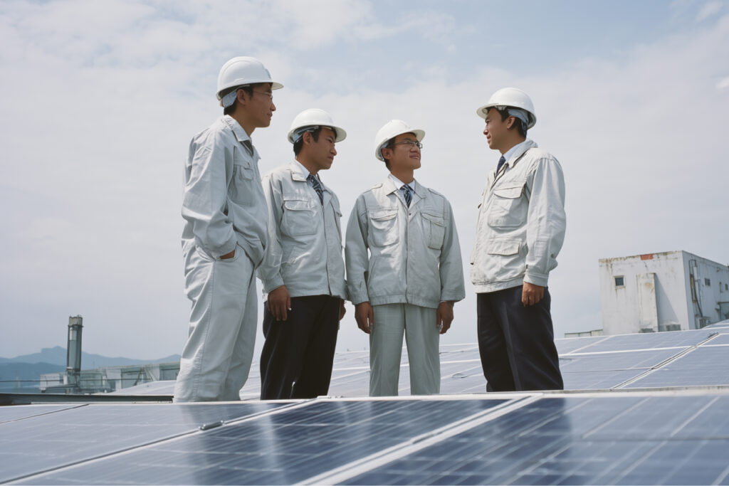 Engineers in safety helmets standing on a rooftop solar panel installation.