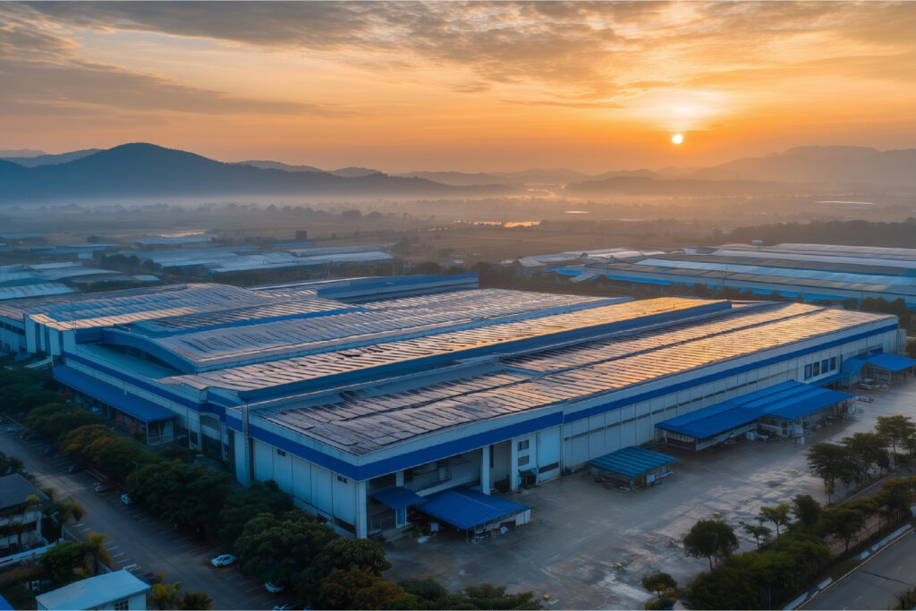 Aerial view of a factory with rooftop solar panels at sunset.